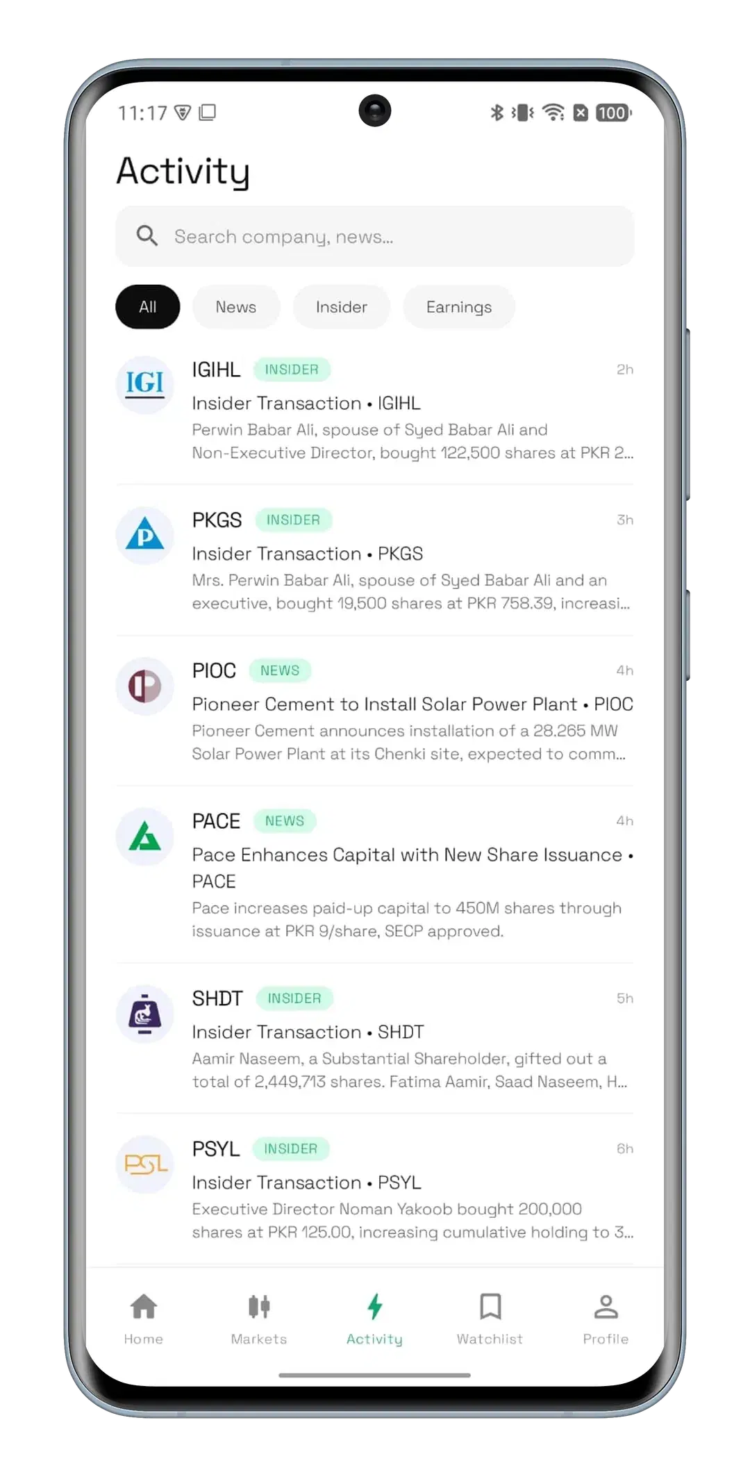 Nafa activity feed — insider transactions, news and earnings